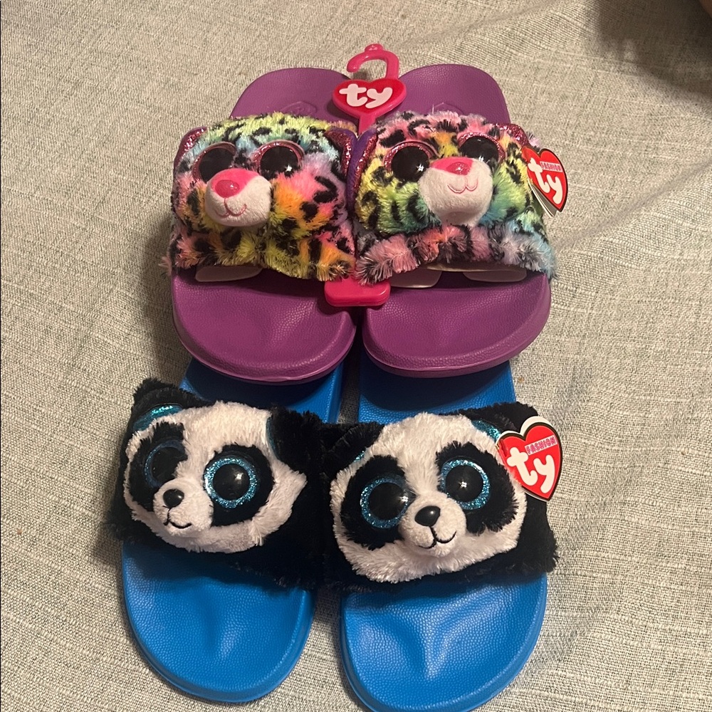 Kids Plush Slide Sandals - Purple & Blue with Plush Animal Faces